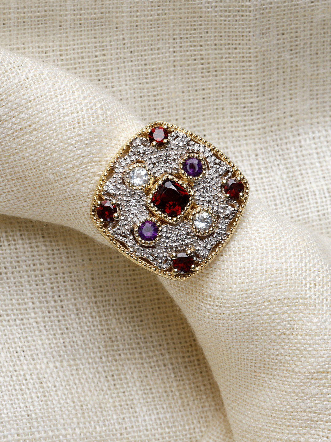 Exotic India Garnet, Amethyst & Aquamarine Square Shape Gold-Plated Sterling Silver Ring