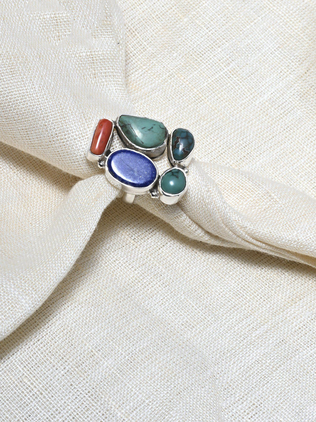 Exotic India Multiple Gemstones Adjustable Sterling Silver Ring