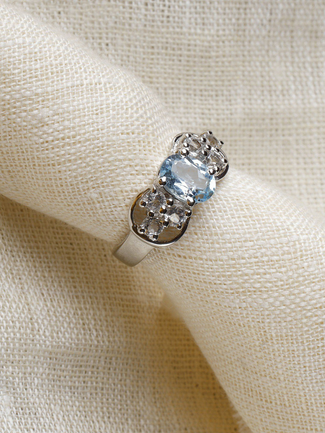 Exotic India Faceted Blue Topaz Gemstone with Cubic Zirconia Sterling Silver Ring