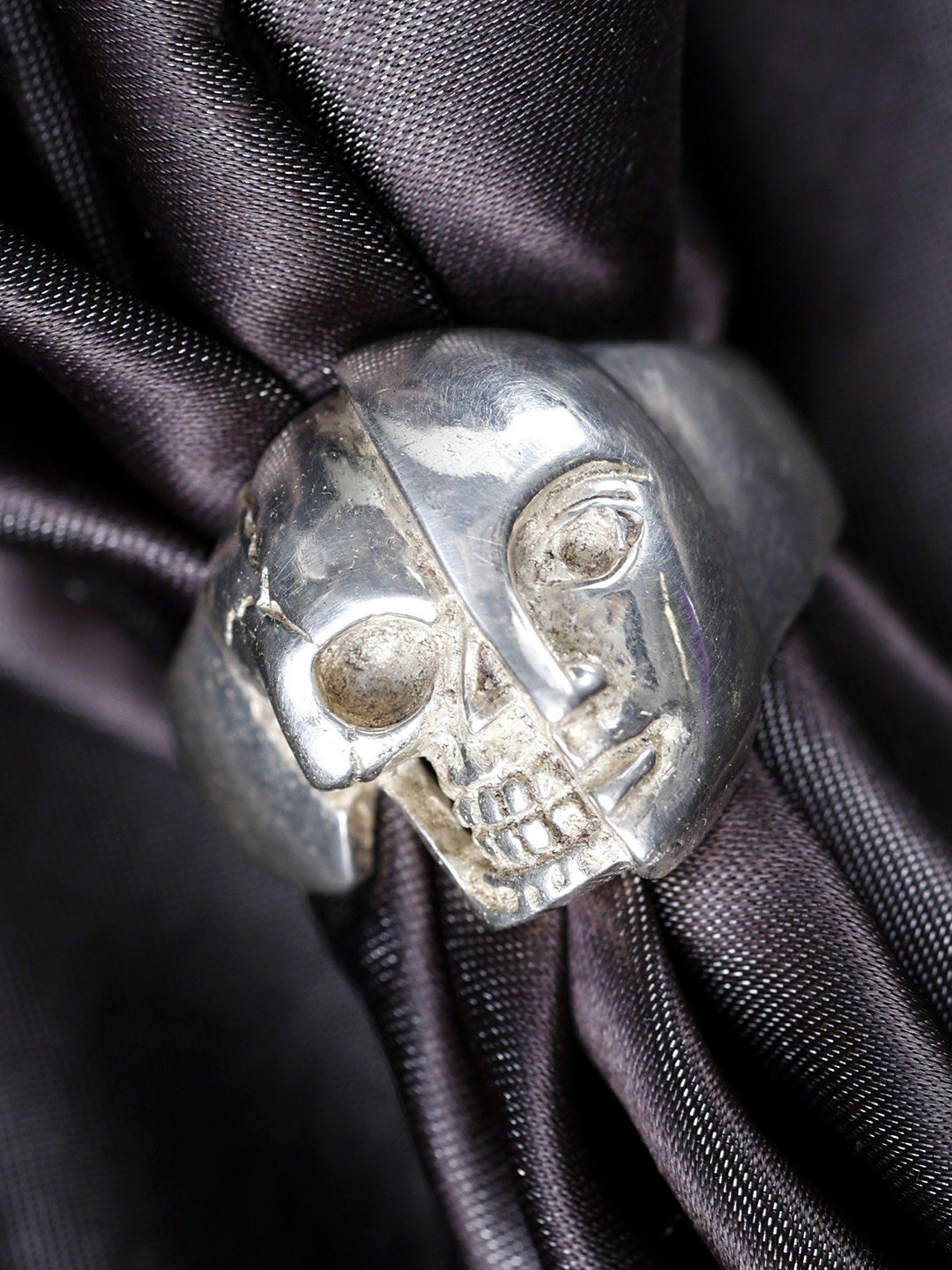 Exotic India Sterling Silver Half Skull Half Face Ring