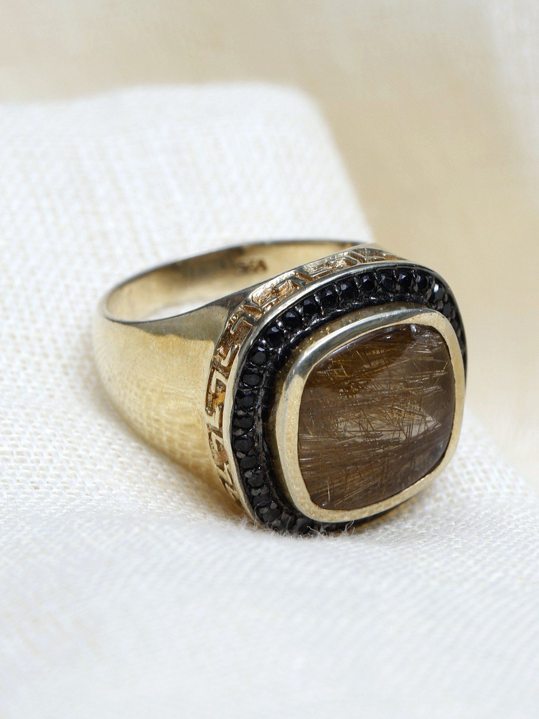 Exotic India Black Spinel Gemstone Golden Rutile Ring