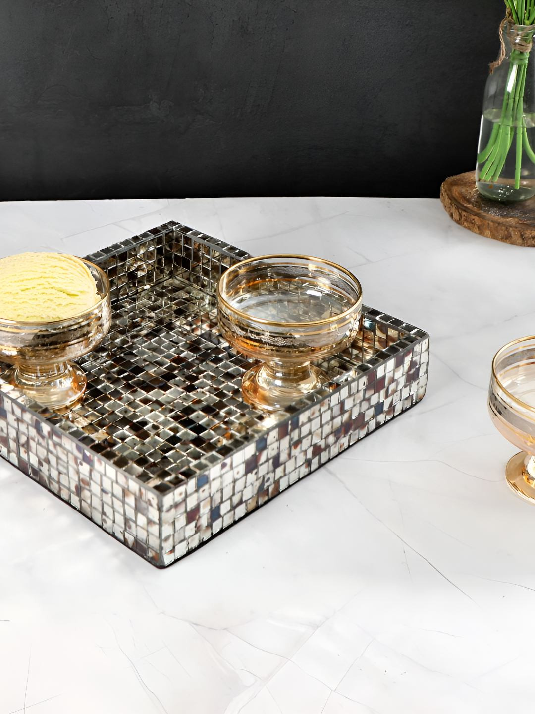 THE HOME CO. White & Yellow Geometric Wooden Easy to Clean Square Serving Tray