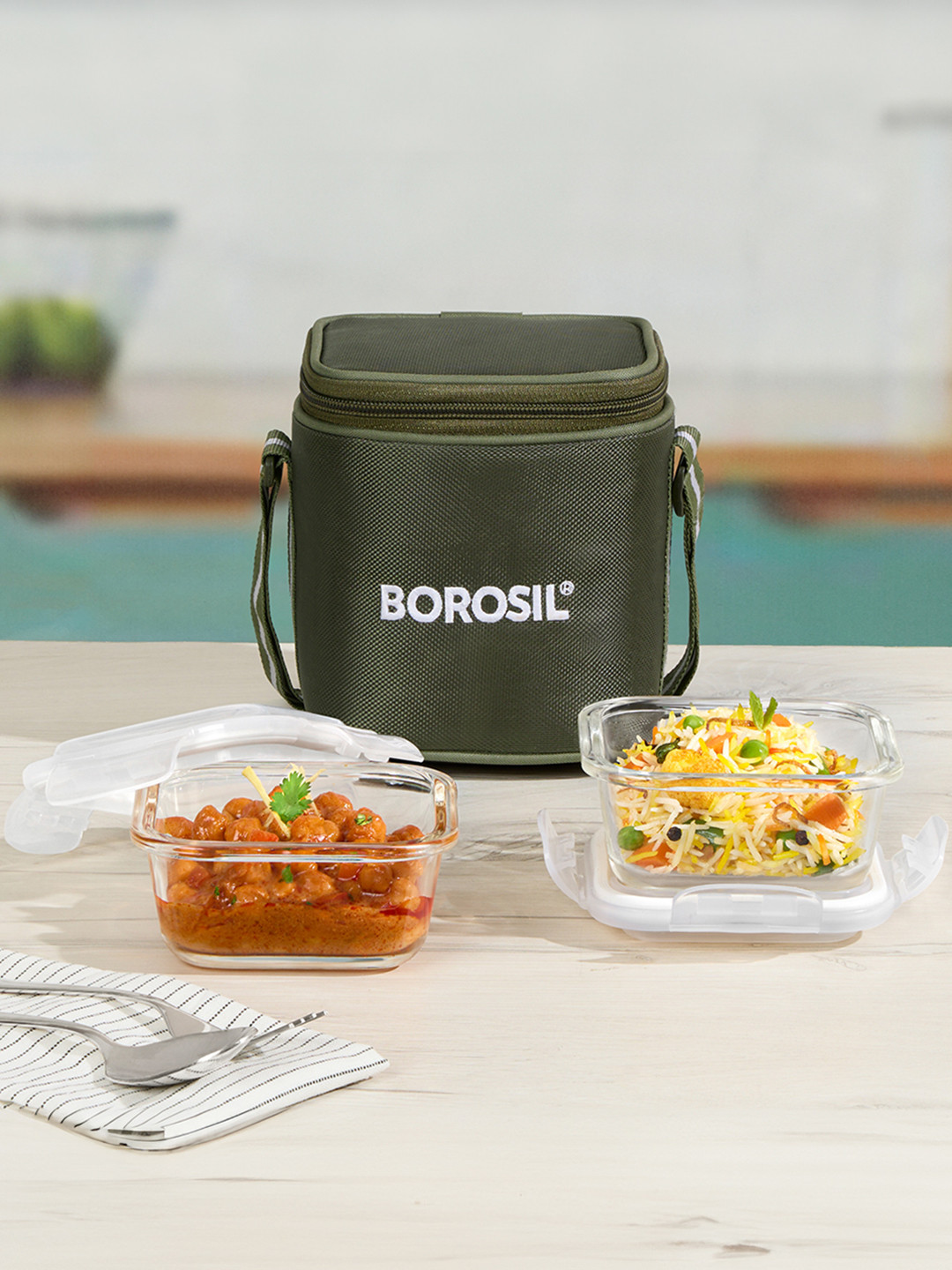 BOROSIL Eateasy Vertical Glass Microwave Safe 3PCs Lunch Box With Spoon and Fork
