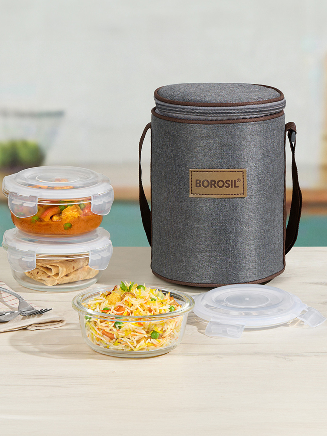 BOROSIL Pro Glass Dishwasher and Microwave Safe 4PCs Lunch Box With Spoon and Fork