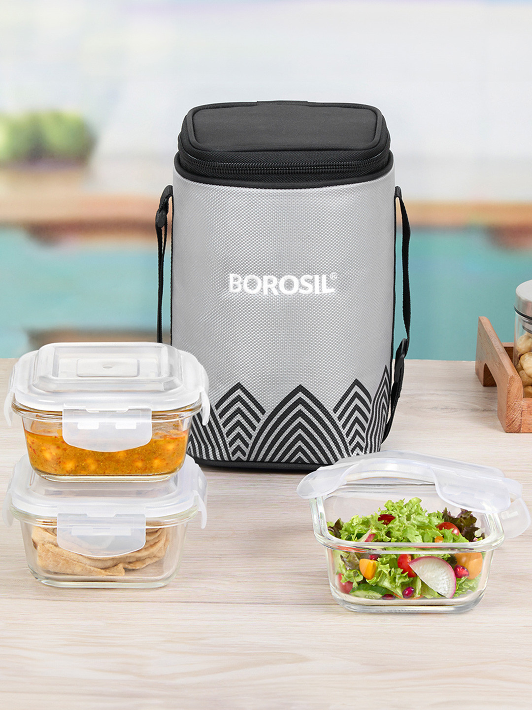 BOROSIL Mealbox Grey Solid Glass Microwave Safe 4PCs Lunch Box With Spoon and Fork