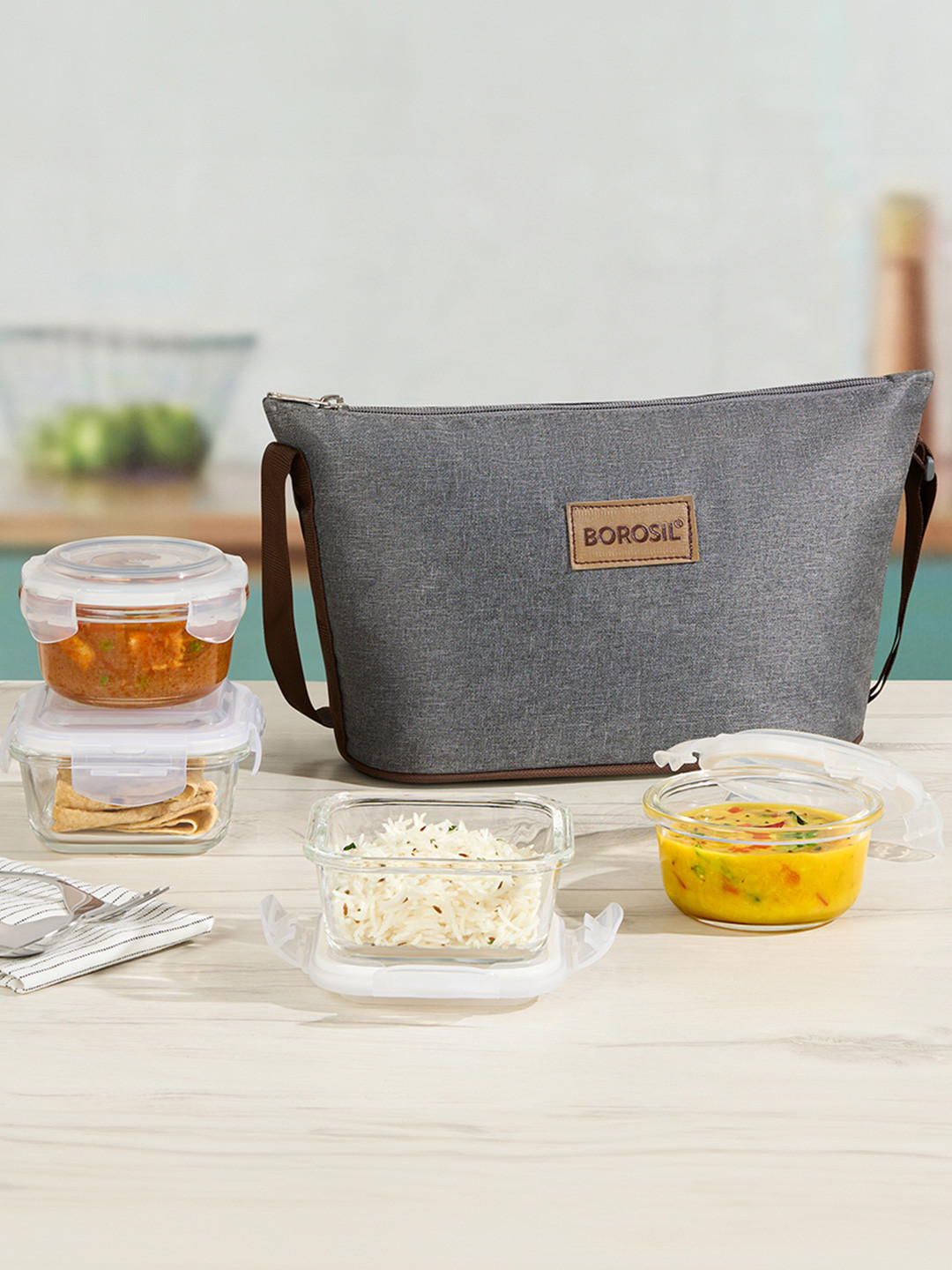 BOROSIL Pro 4 Pieces Grey & Transparent Leak Proof & Air Tight Lunch Boxes With Carry Bag