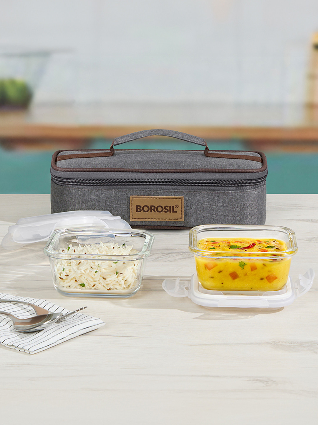BOROSIL Pro Horizontal Grey Solid Glass Microwave Safe 3PCs Lunch Box With Spoon and Fork