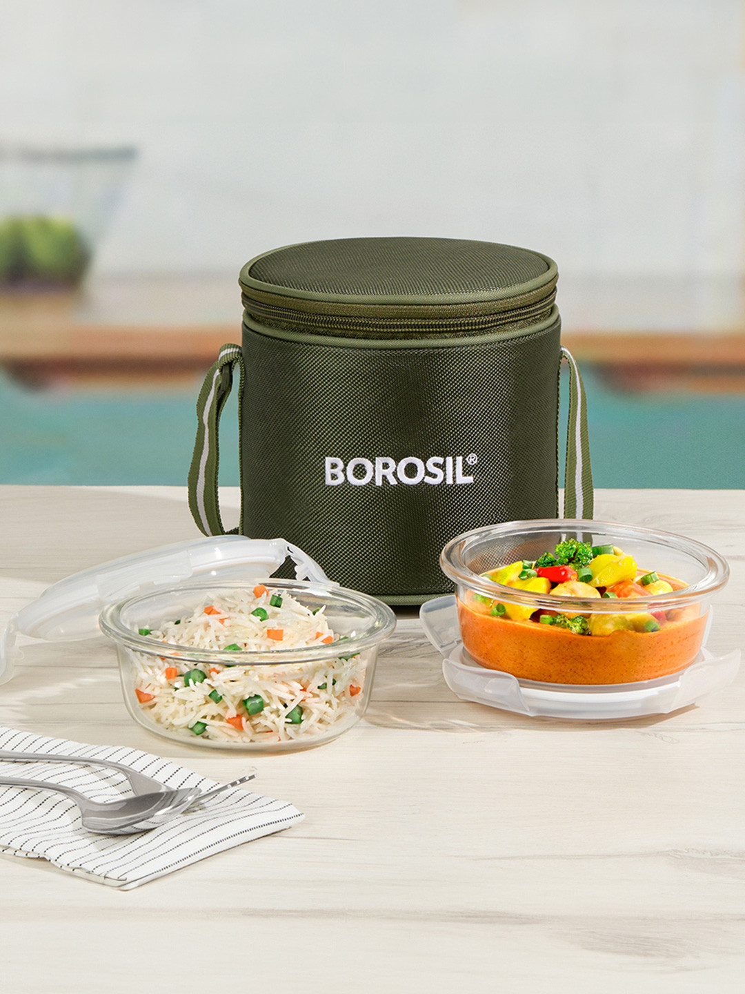 BOROSIL Eateasy Vertical Glass Microwave Safe 3PCs Lunch Box With Spoon and Fork