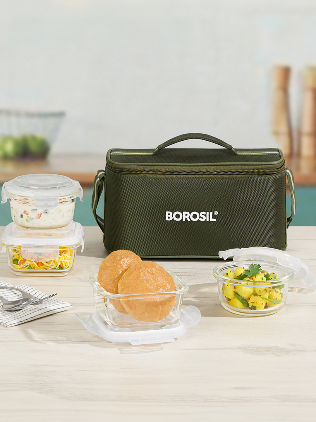 BOROSIL Eateasy Universal Glass 4PC Lunch Box With Spoon & Fork