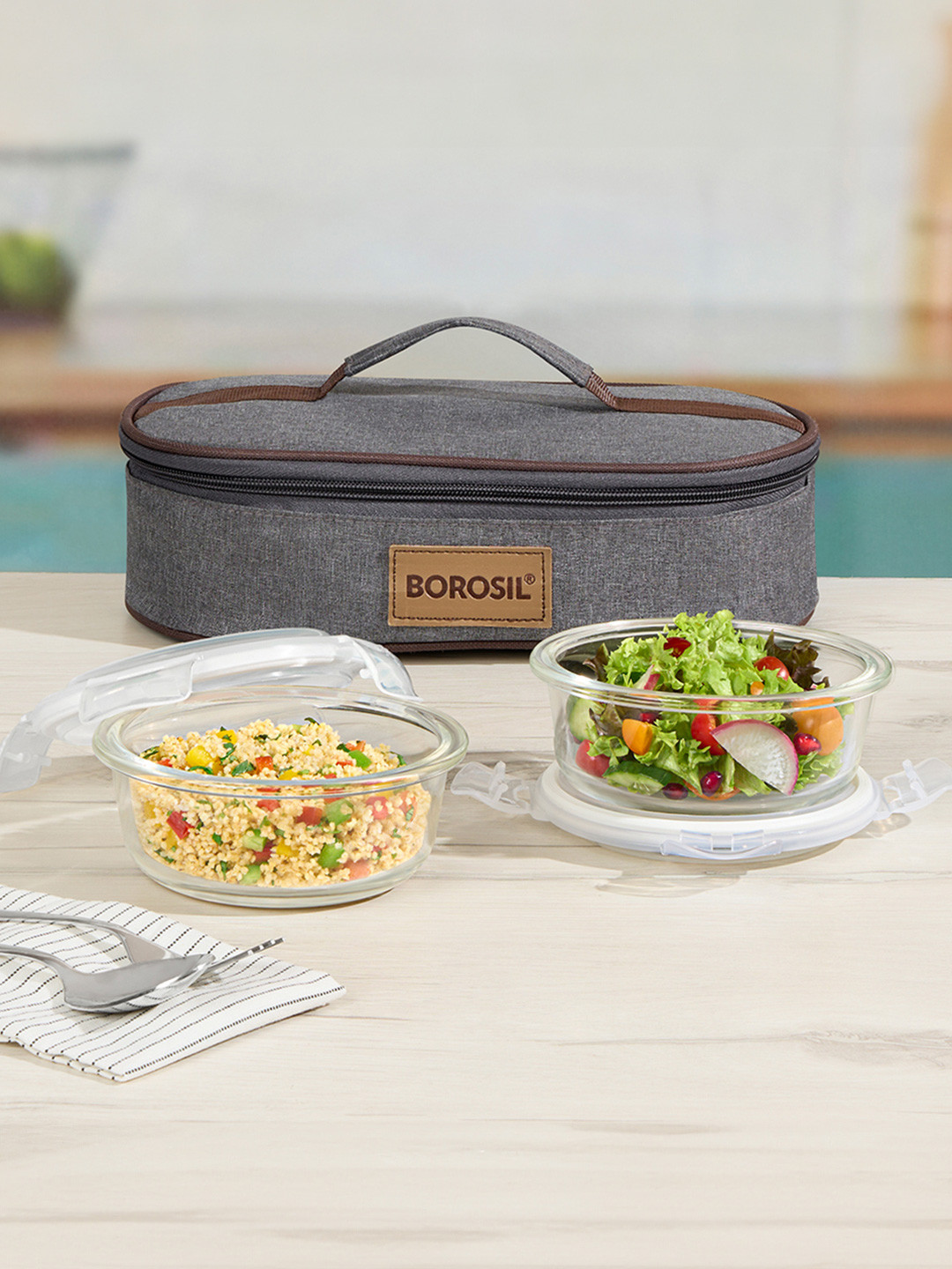 BOROSIL Pro 2 Pieces Grey Leak Proof & Air Tight Lunch Boxes & Carry Bag 400 ml Each