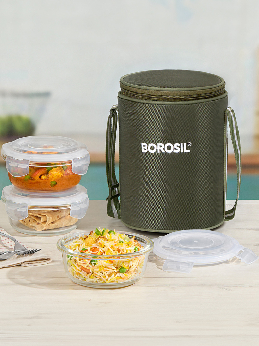 BOROSIL Eateasy Glass Dishwasher and Microwave Safe 4PCs Lunch Box With Spoon and Fork