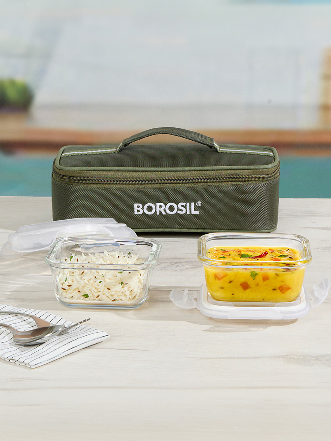 BOROSIL Eateasy Horizontal Glass Microwave Safe 3PCs Lunch Box With Spoon and Fork