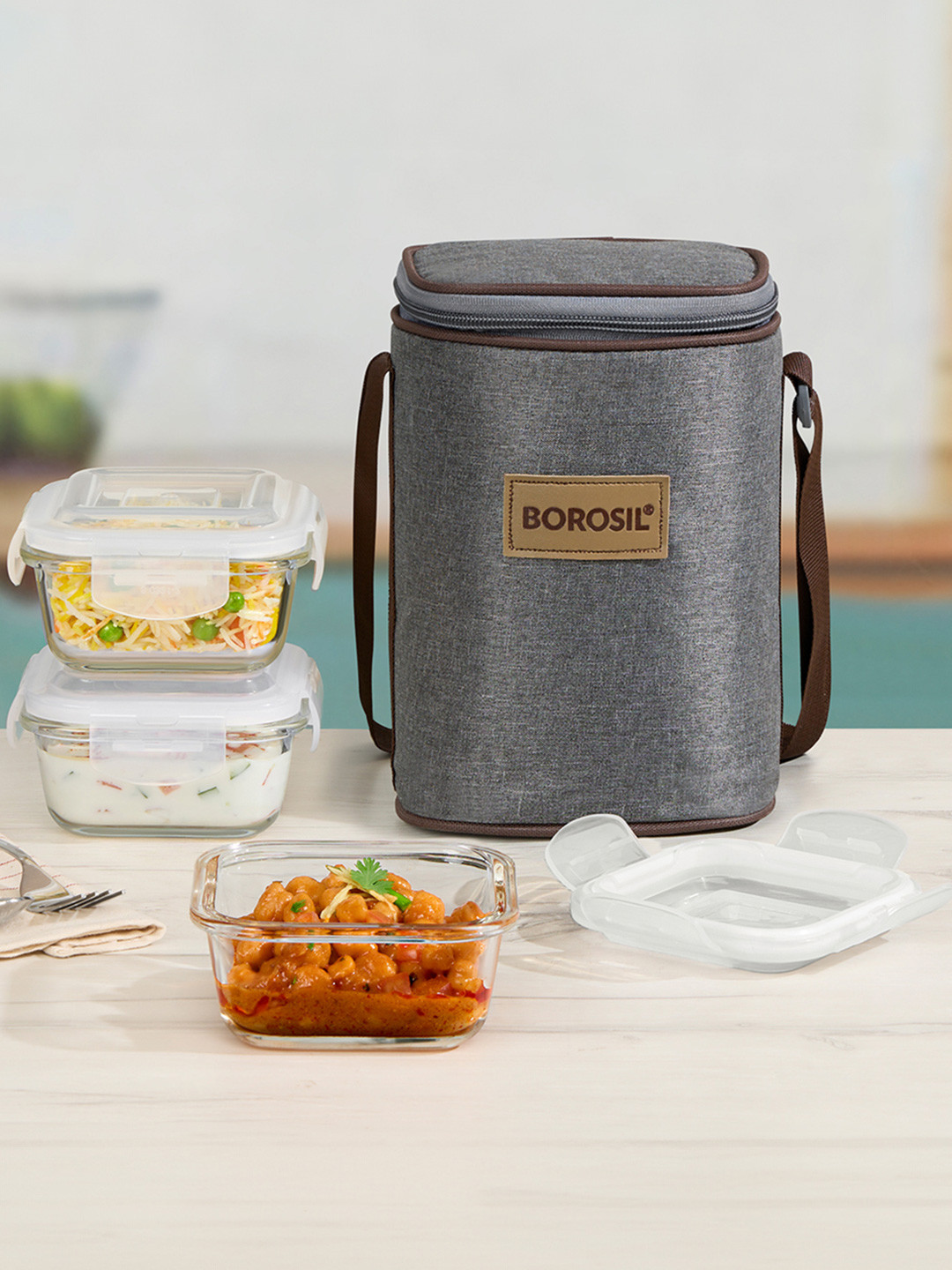 BOROSIL Pro Glass Dishwasher and Microwave Safe 4PCs Lunch Box With Spoon and Fork