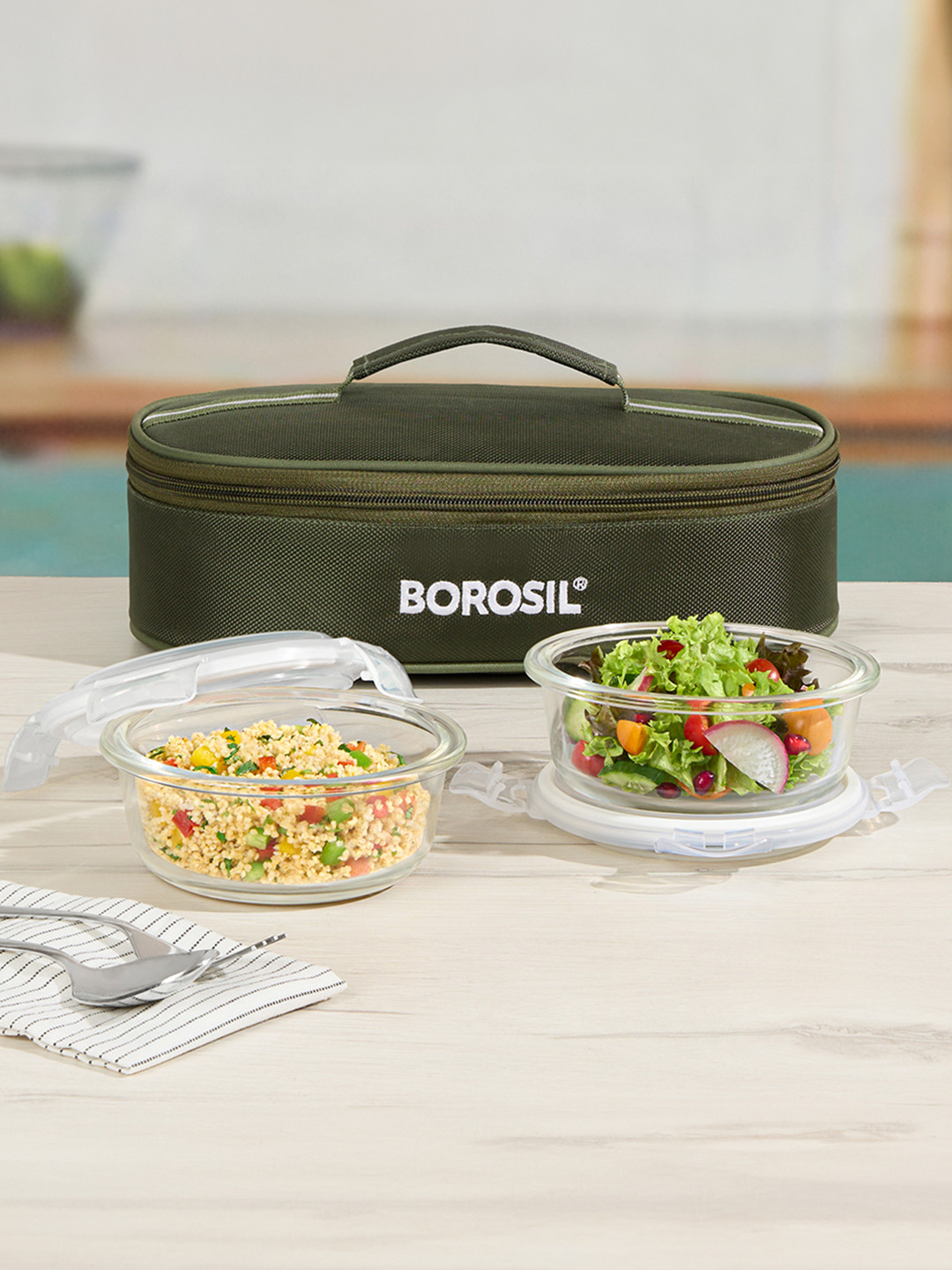 BOROSIL Eateasy Horizontal Glass Microwave Safe 3PCs Lunch Box With Spoon and Fork