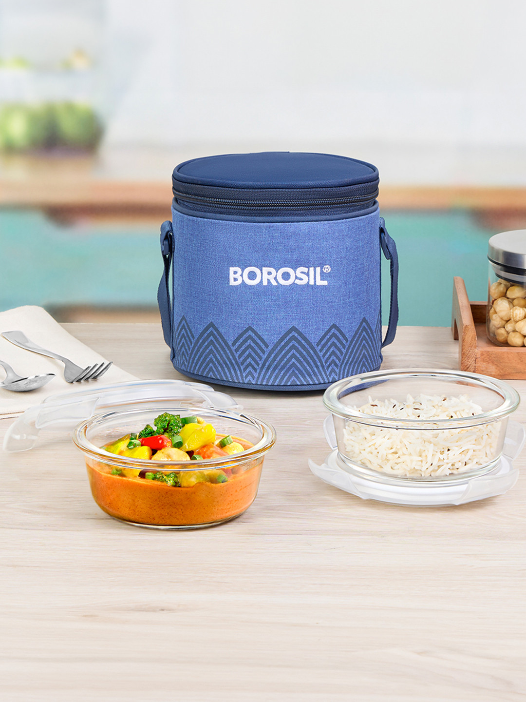 BOROSIL Mealbox Vertical Glass Microwave Safe 3PCs Lunch Box With Spoon and Fork