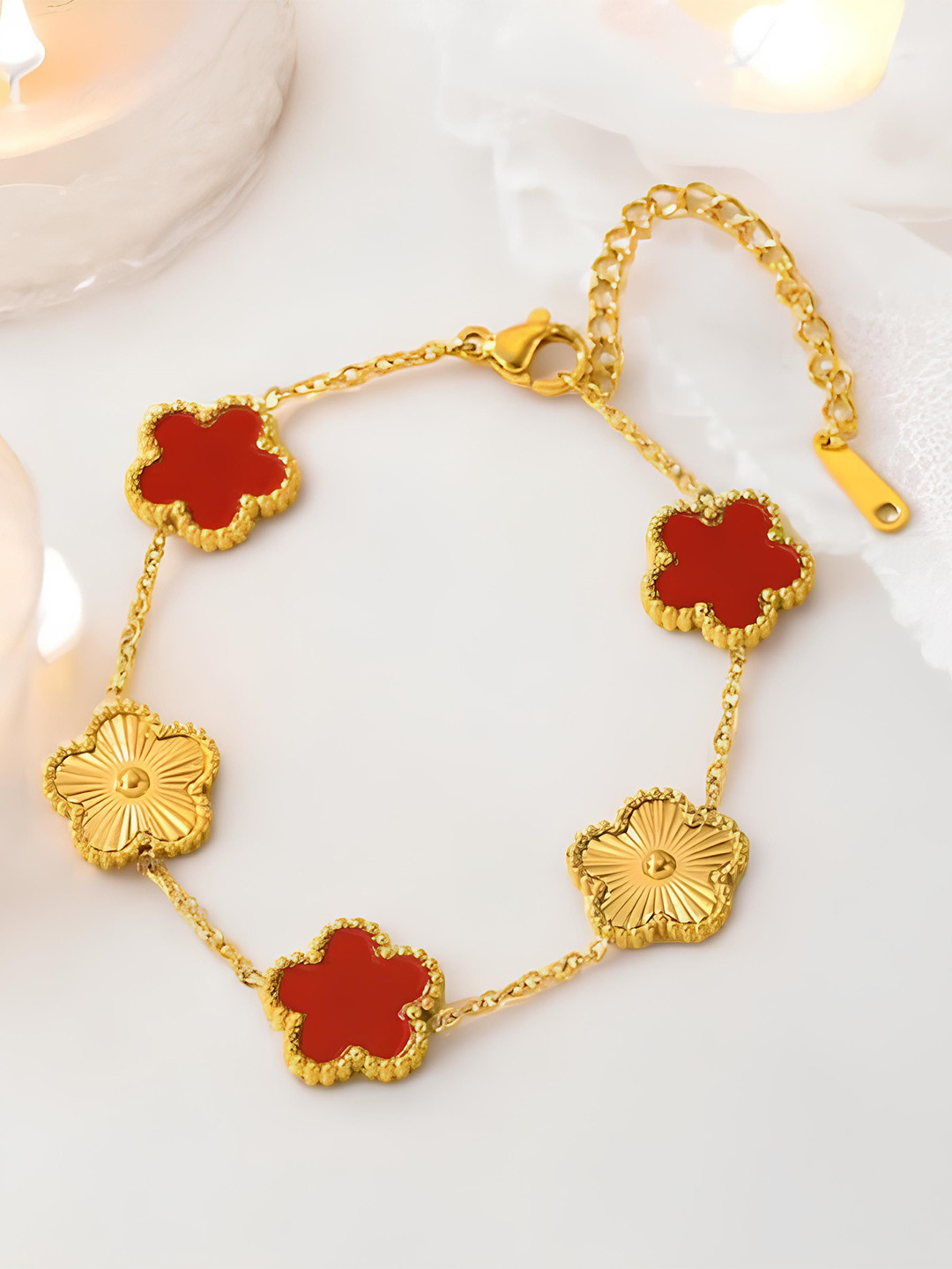 KARISHMA KREATIONS Gold-Plated Stainless Steel Four Leaf Clover Non Tarnish Chain Bracelet