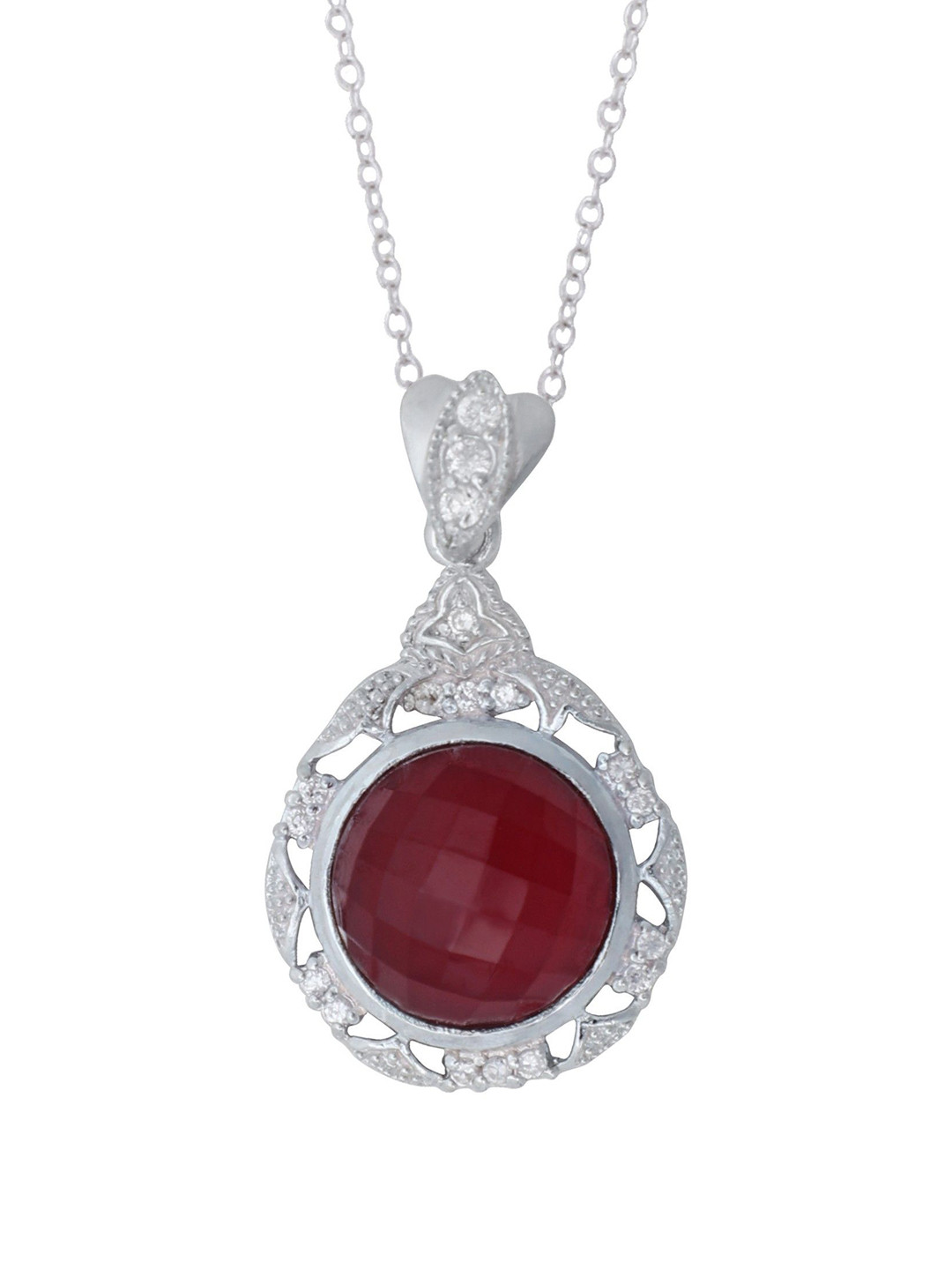 Exotic India Red Charming Stone with Cubic Zirconia Sterling Silver Pendant