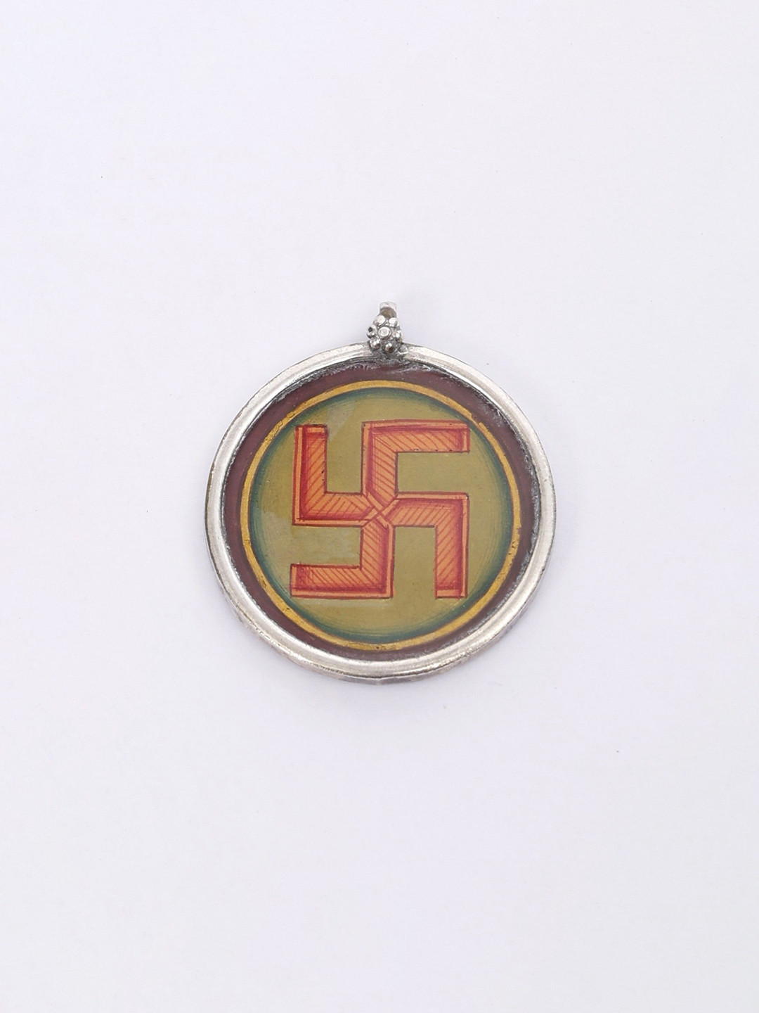 Exotic India Sterling Silver Hand-Painted Ancient Hindu Swastika Pendant