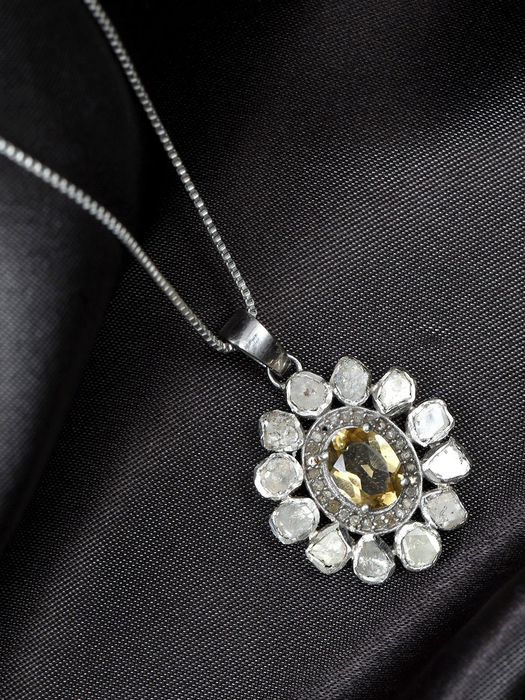 Exotic India Citrine Gemstone Sterling Silver Floral Design Pendant