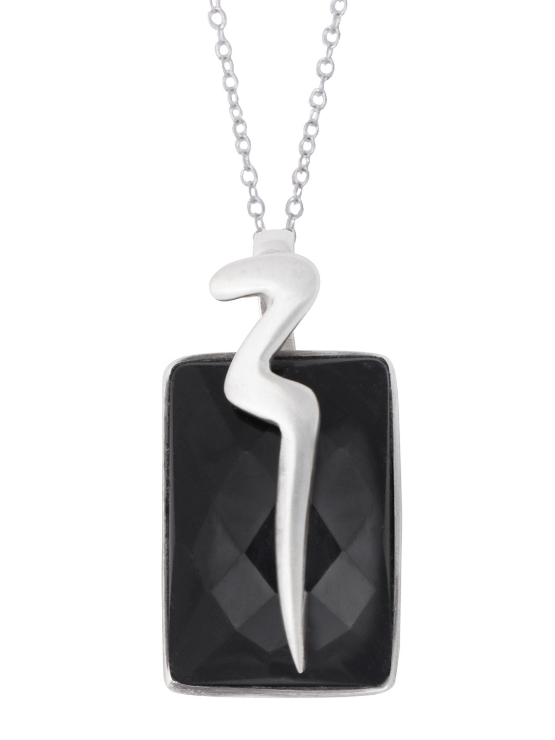 Exotic India Faceted Black Onyx Gemstone Stylized Sterling Silver Pendant