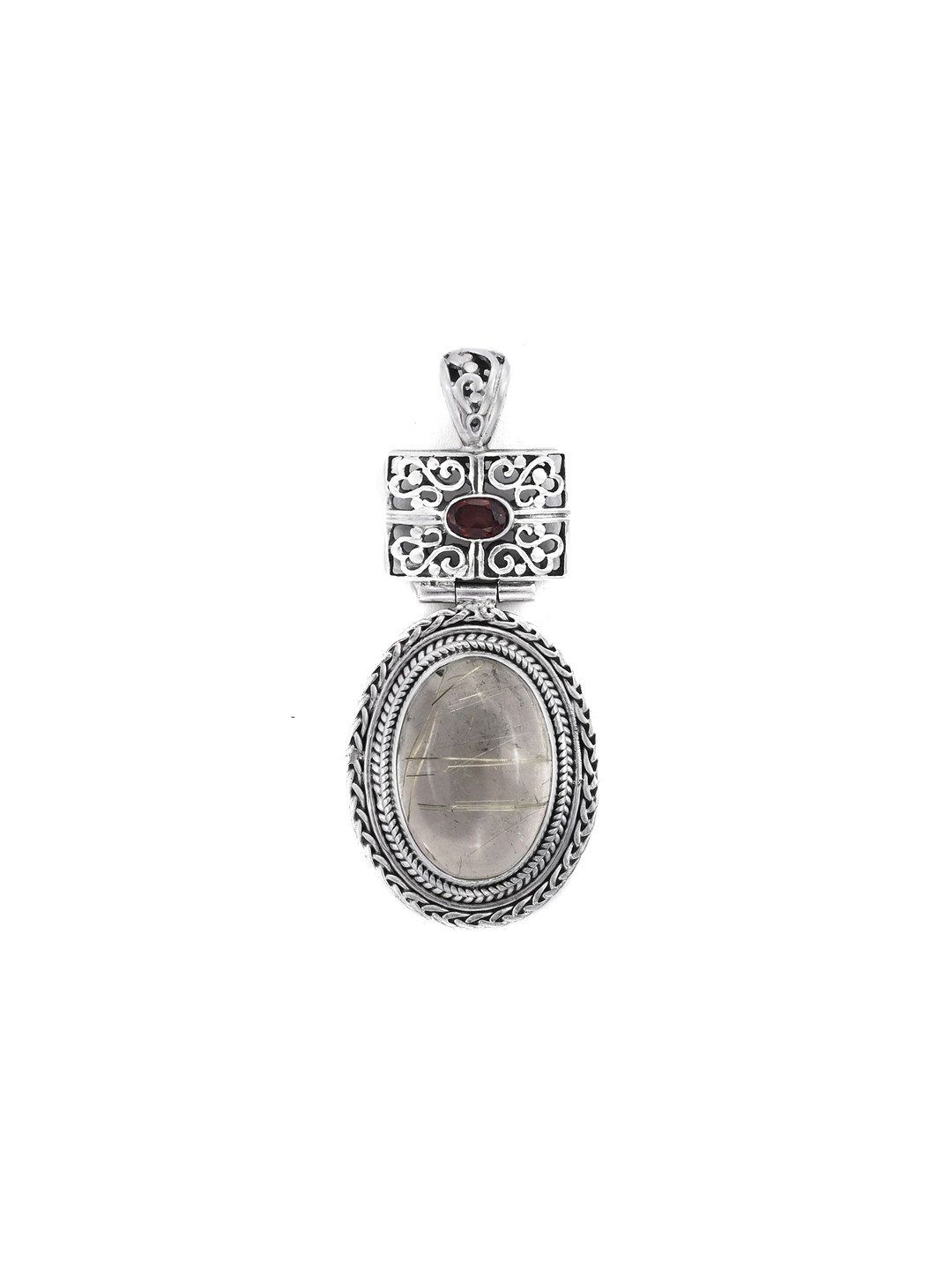 Exotic India Rutile Quartz and Garnet Stone Sterling Silver Pendant