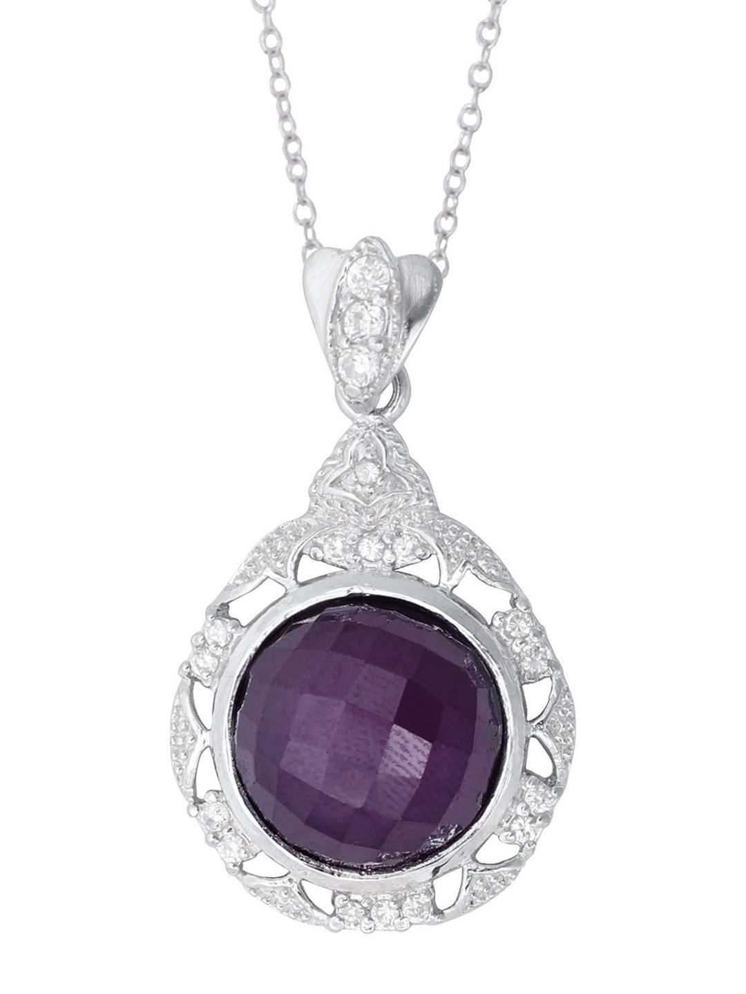 Exotic India Purple Charming Stone with Cubic Zirconia Sterling Silver Pendant