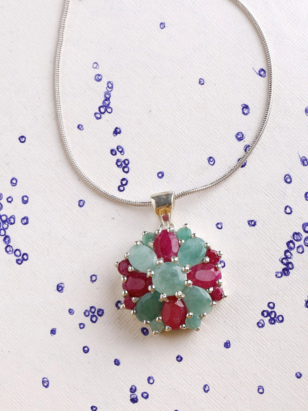 Exotic India Faceted Ruby & Emerald Gemstone Sterling Silver Floral Pendant