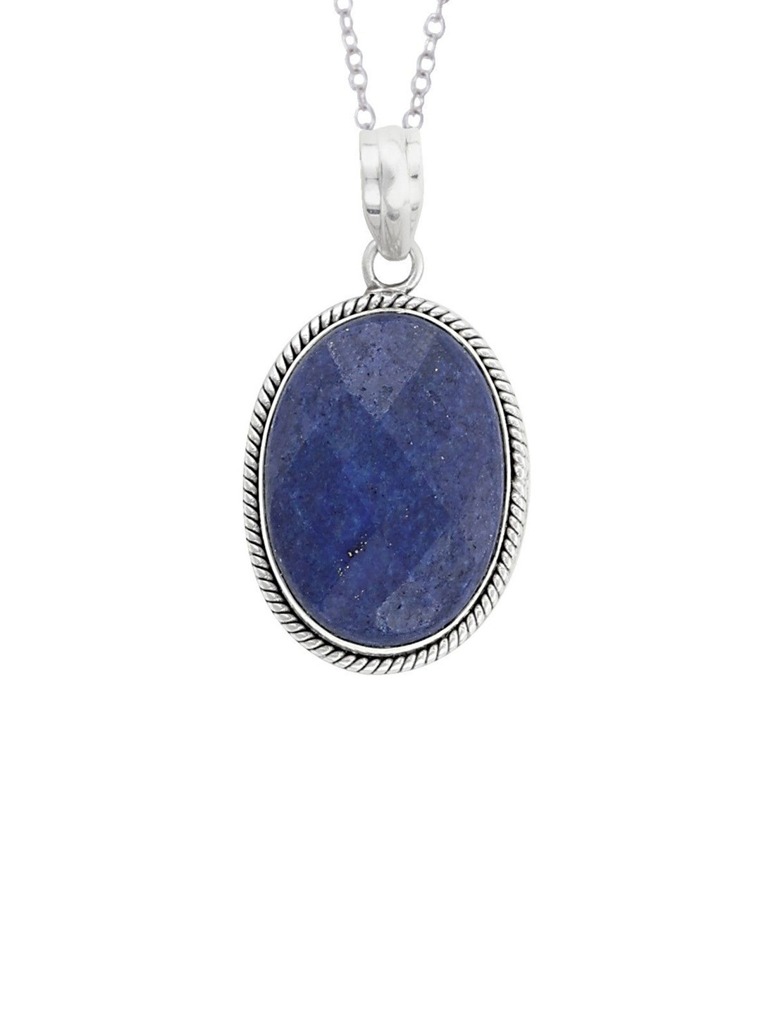 Exotic India Faceted Oval Lapis Lazuli Gemstone Sterling Silver Framed Pendant
