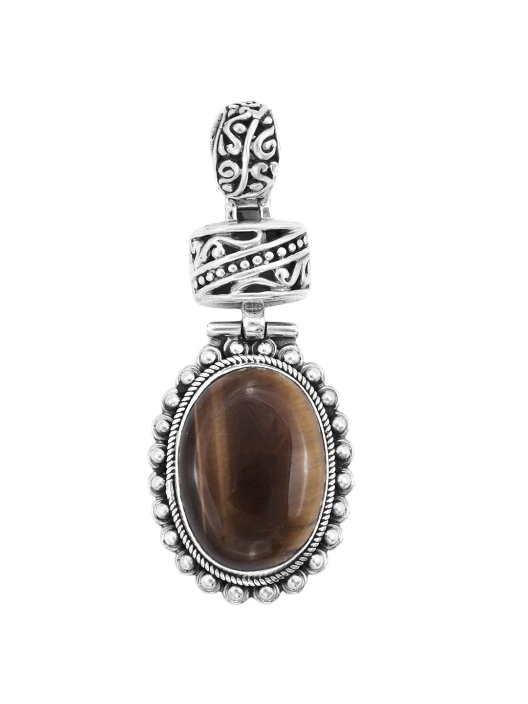 Exotic India Tiger Eye Gemstone Designer Sterling Silver Pendant