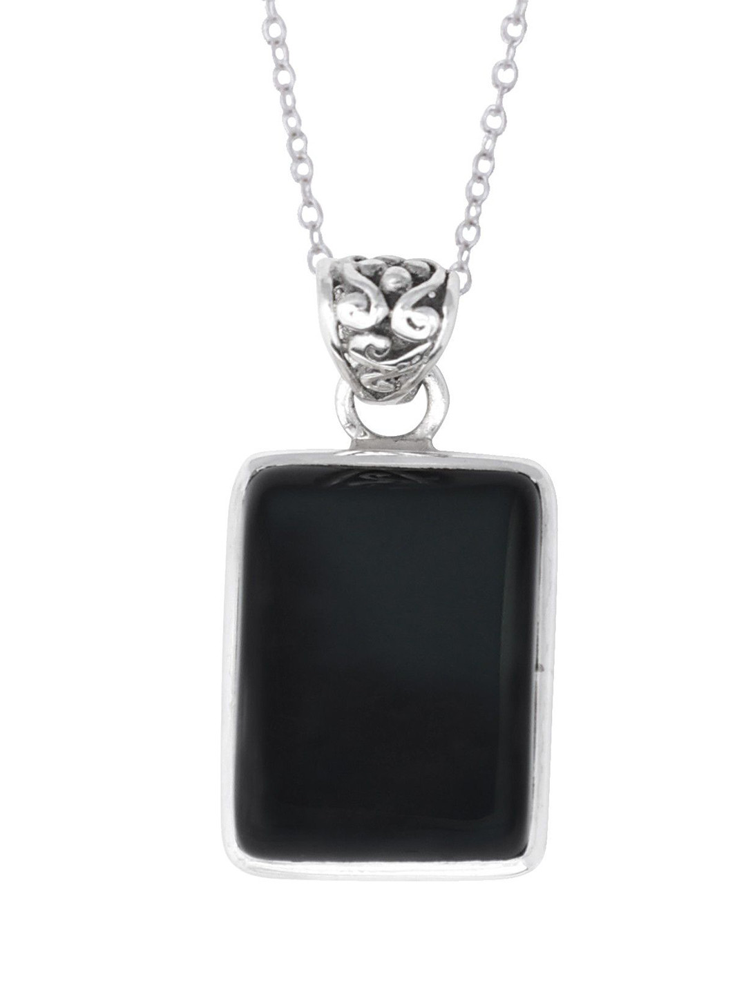 Exotic India Black Onyx Square Shaped Sterling Silver Studded Pendant