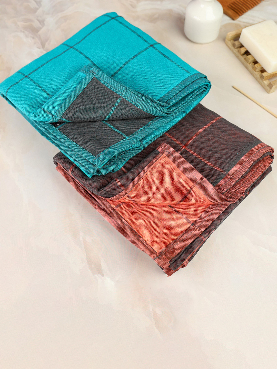 ZAHYA Red & Turquoise Zero Twist Double Layered Cotton Bath Towel