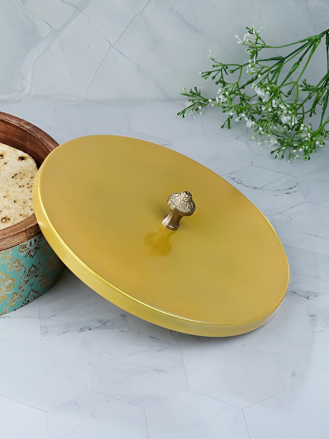 THE HOME CO. Yellow & Gold Toned Floral Printed Wooden Roti Box With Lid