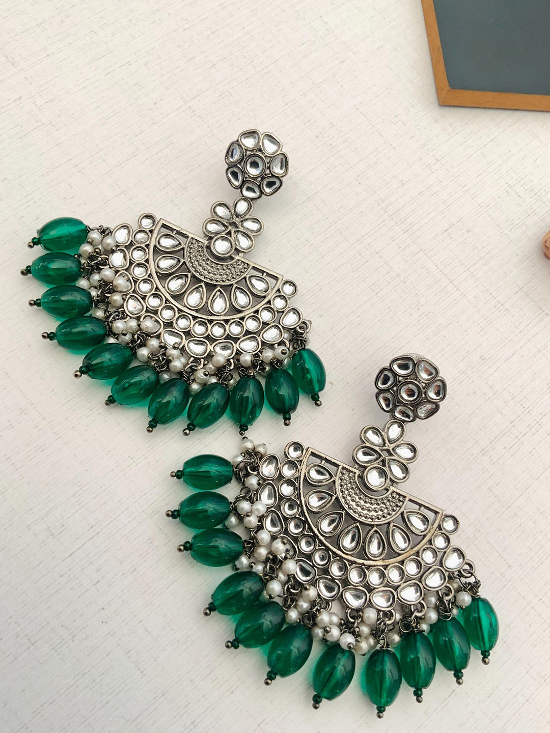 ABDESIGNS German Silver Stone Studded & Beaded Contemporary Drop Earrings