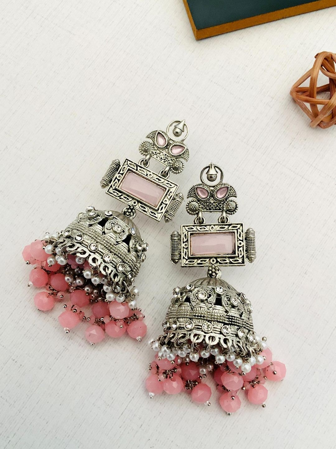 ABDESIGNS Ornamental Greman Silver Stone Studded & Beaded Jhumkas