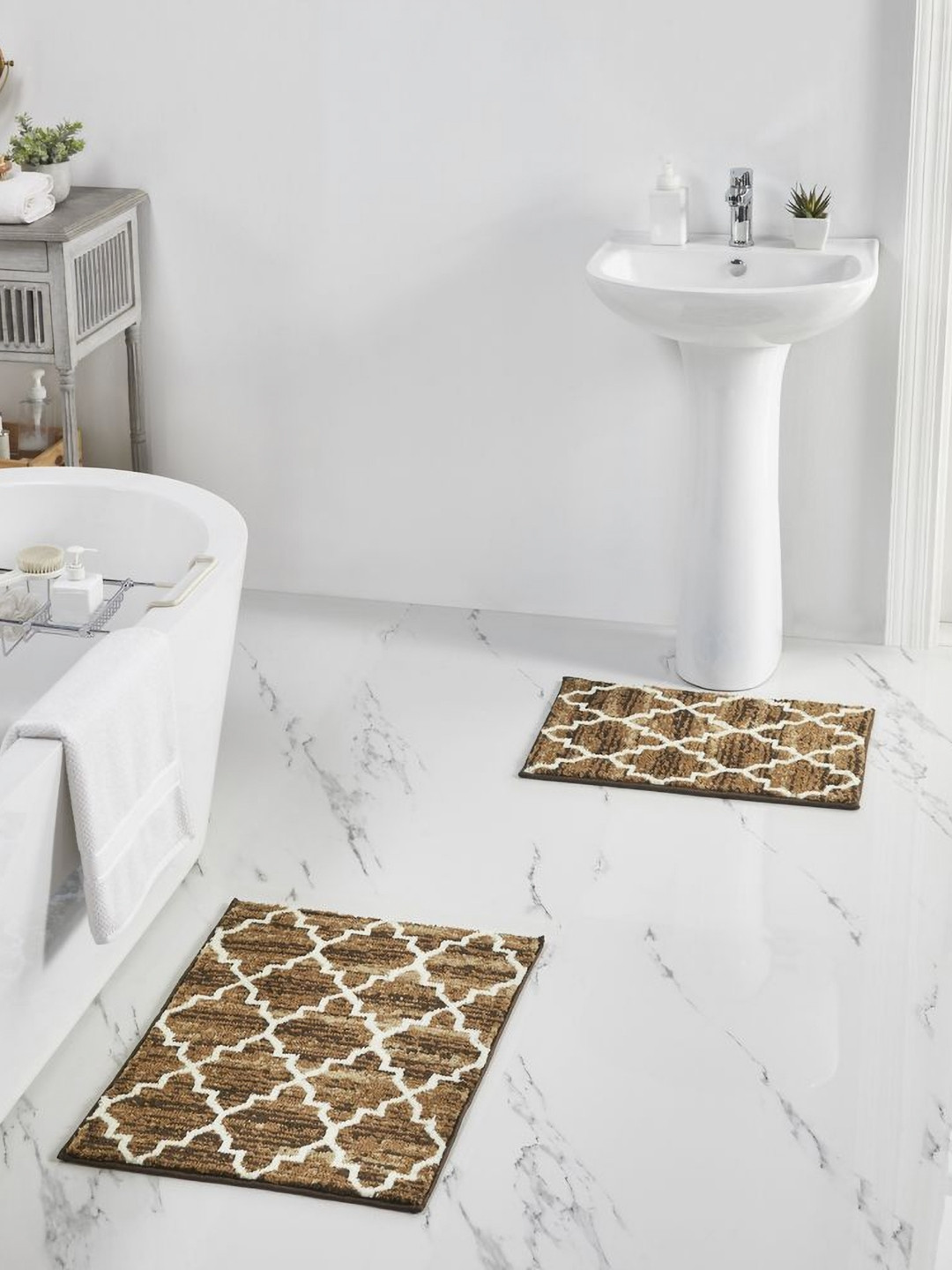 Pano Moroccon Beige & Brown Geometric 2000 GSM Microfiber Anti-Skid Bath Rug