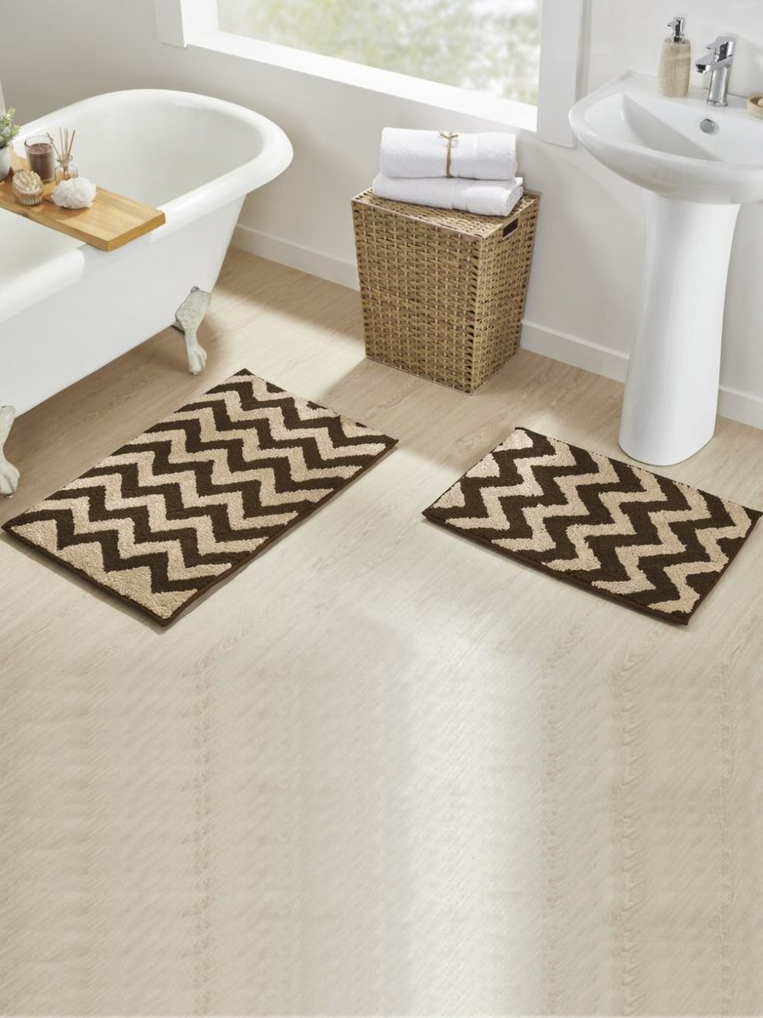 Pano Beige & Brown Chevron 1800 GSM Anti-Skid Bath Rugs