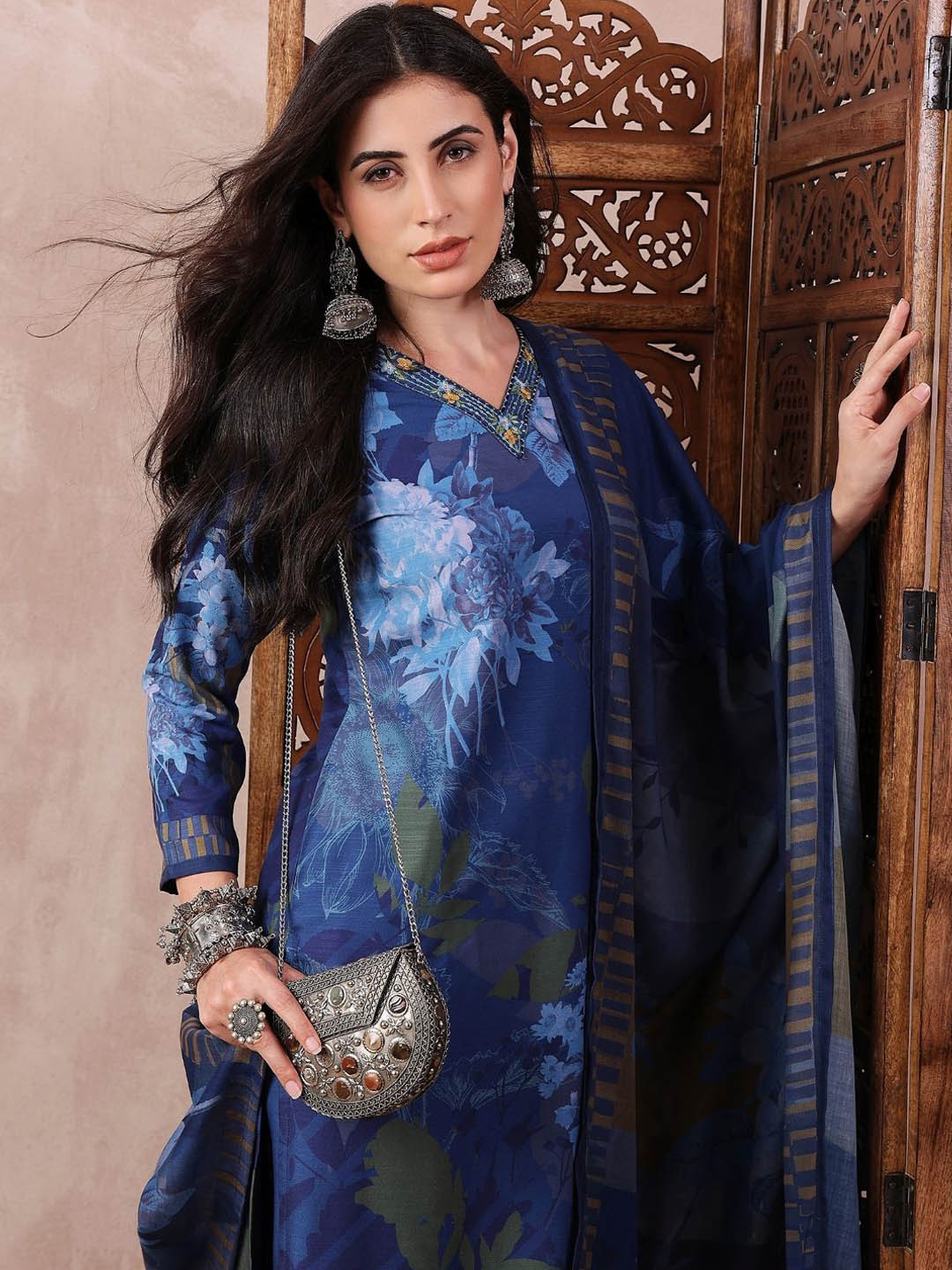 KALINI Floral Printed Thread Work V-Neck Straight Kurta With Trouser And Dupatta