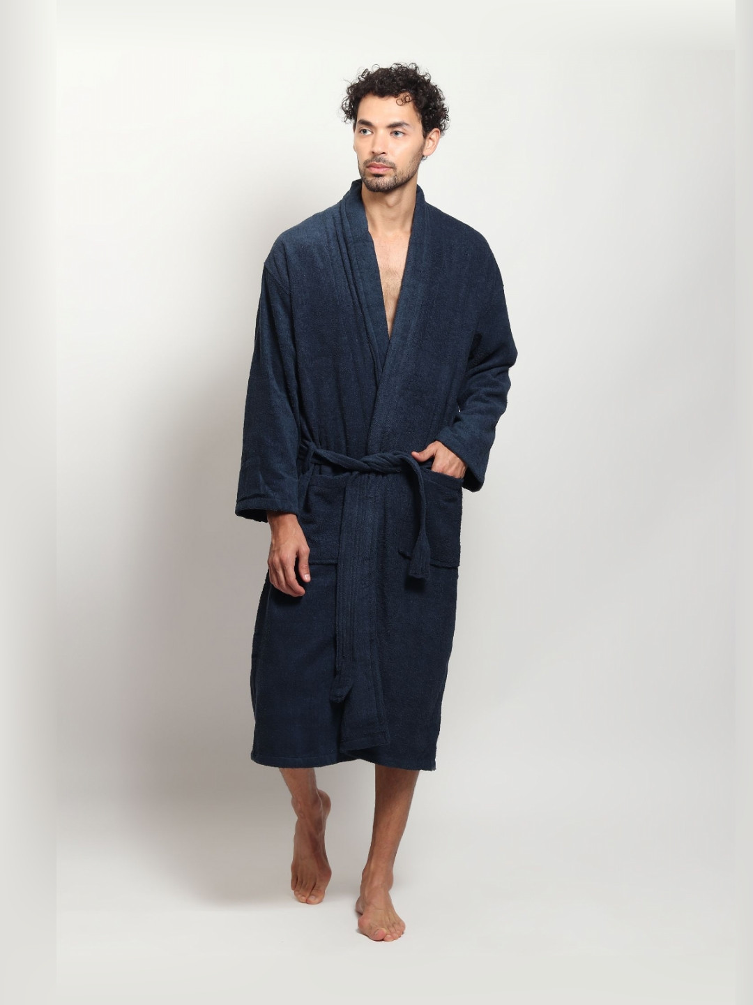 ZAHYA Navy Blue Solid Cotton Drawstring Midi Bath Robe-L