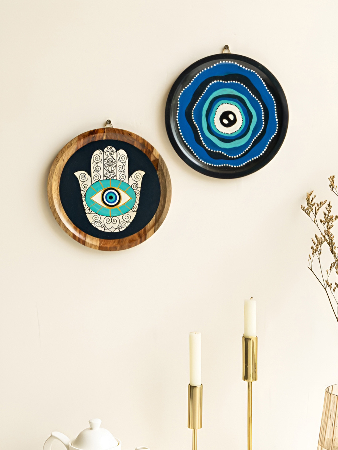 Mirai Woods Jiva Evil's Eye Wall Plates Wood Ethnic Motifs Glossy Hanging Hall 2Pcs -7.9In