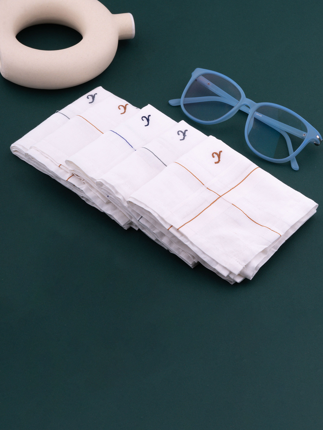 CROSSLINE Men Pack Of 5 Embroidered Pure Cotton Handkerchiefs
