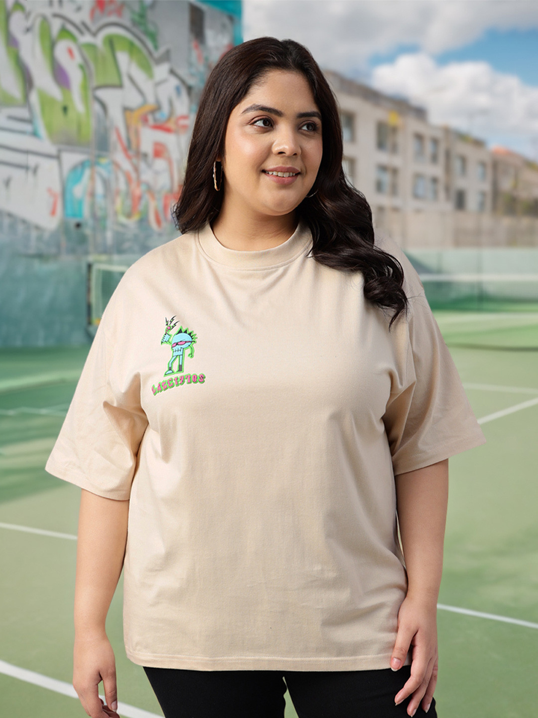 JUNEBERRY Women Cream Printed Round Neck Pure Cotton Oversized Plus Size T-shirt