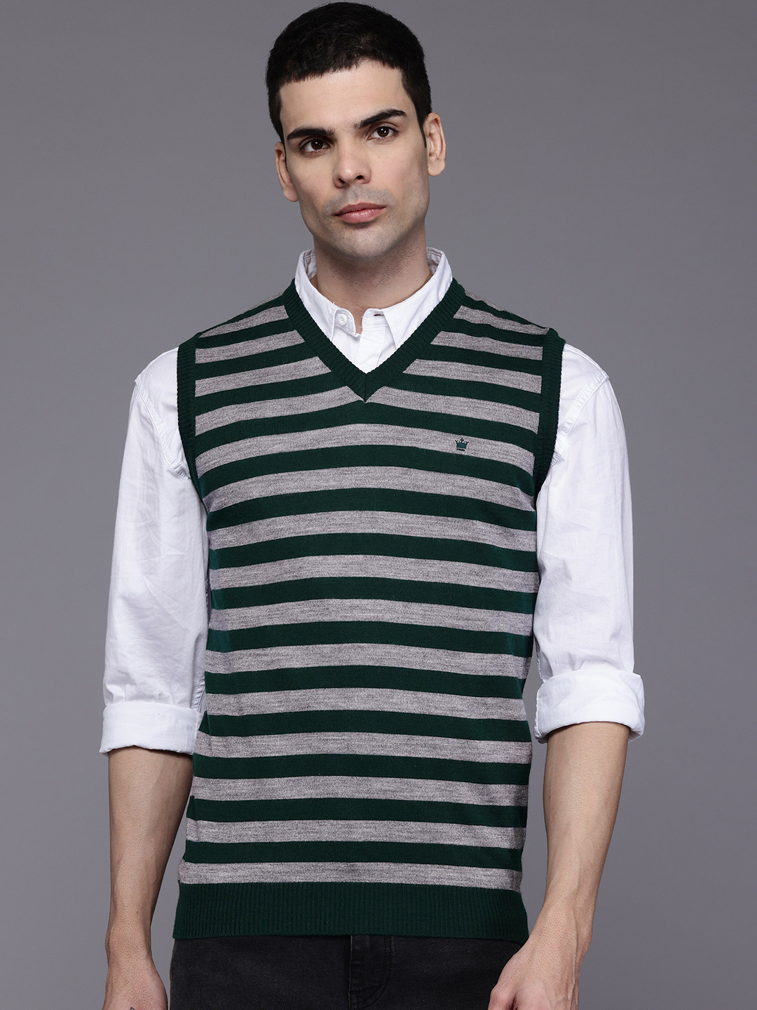 Louis Philippe V-Neck Striped Knitted Sweater Vest