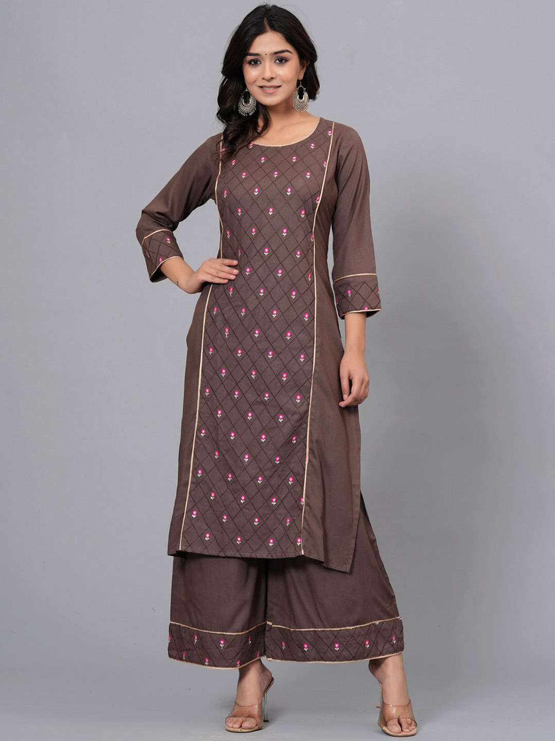 SARAI CREATIONS Floral Embroidered Regular Thread Work Straight Kurta with Palazzos