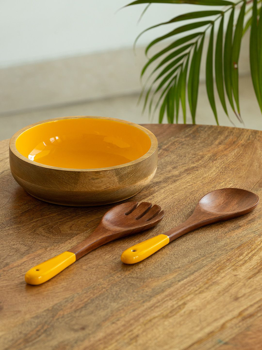 ExclusiveLane Orange & Brown 3 Pieces Wooden Textured Serving Bowl & Salad Servers