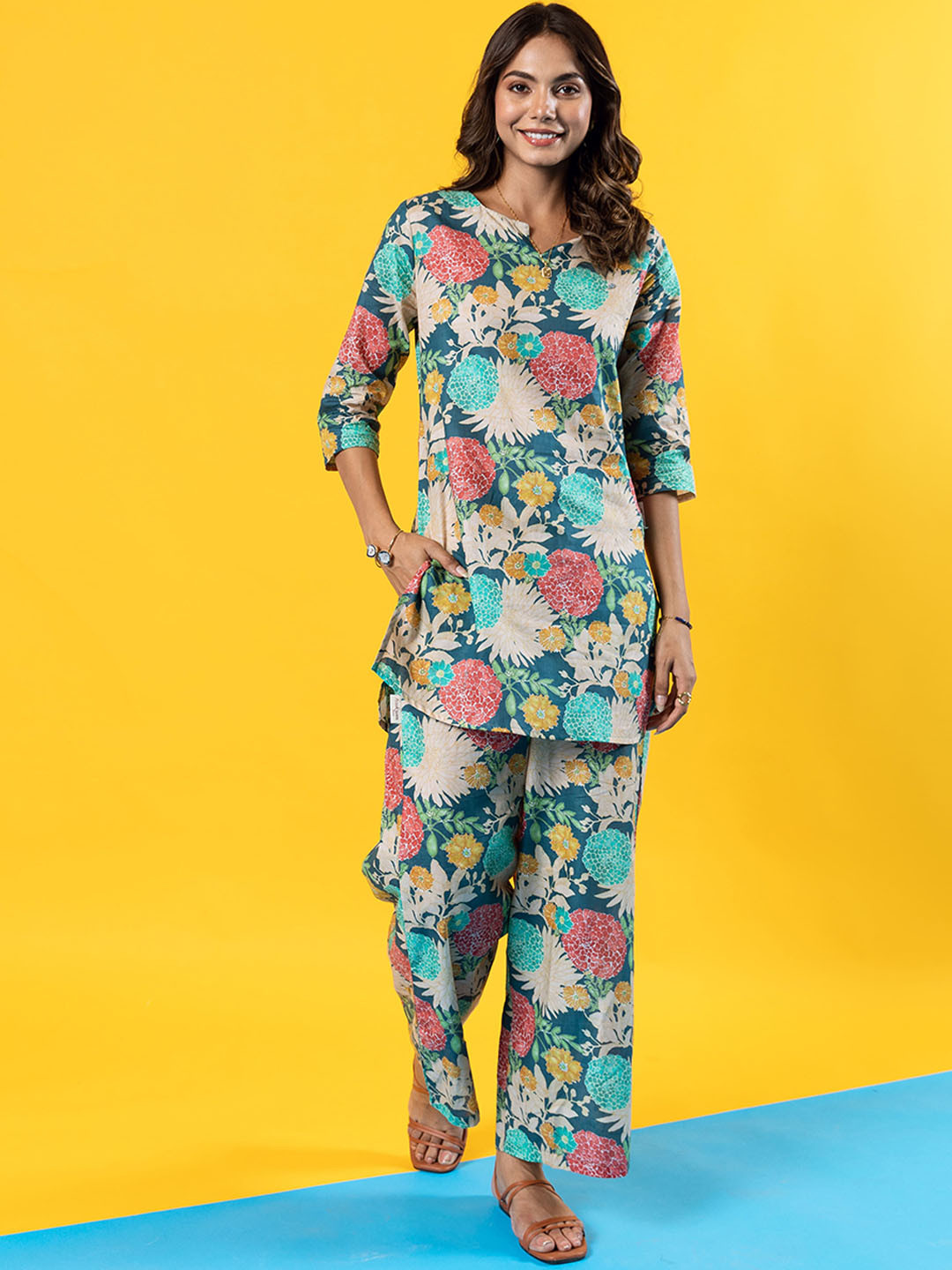 HUKUM Floral Printed Pure Cotton Tunic With Palazzos