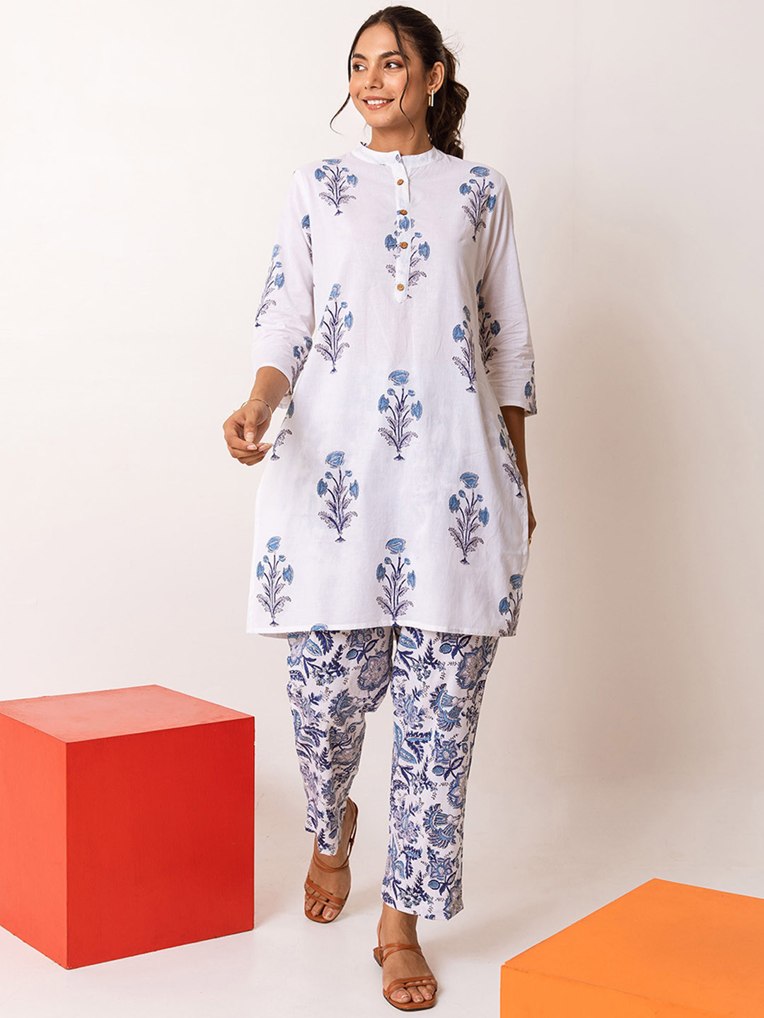 HUKUM Foral Printed Mandarin Collar Pure Cotton Tunic With Palazzos