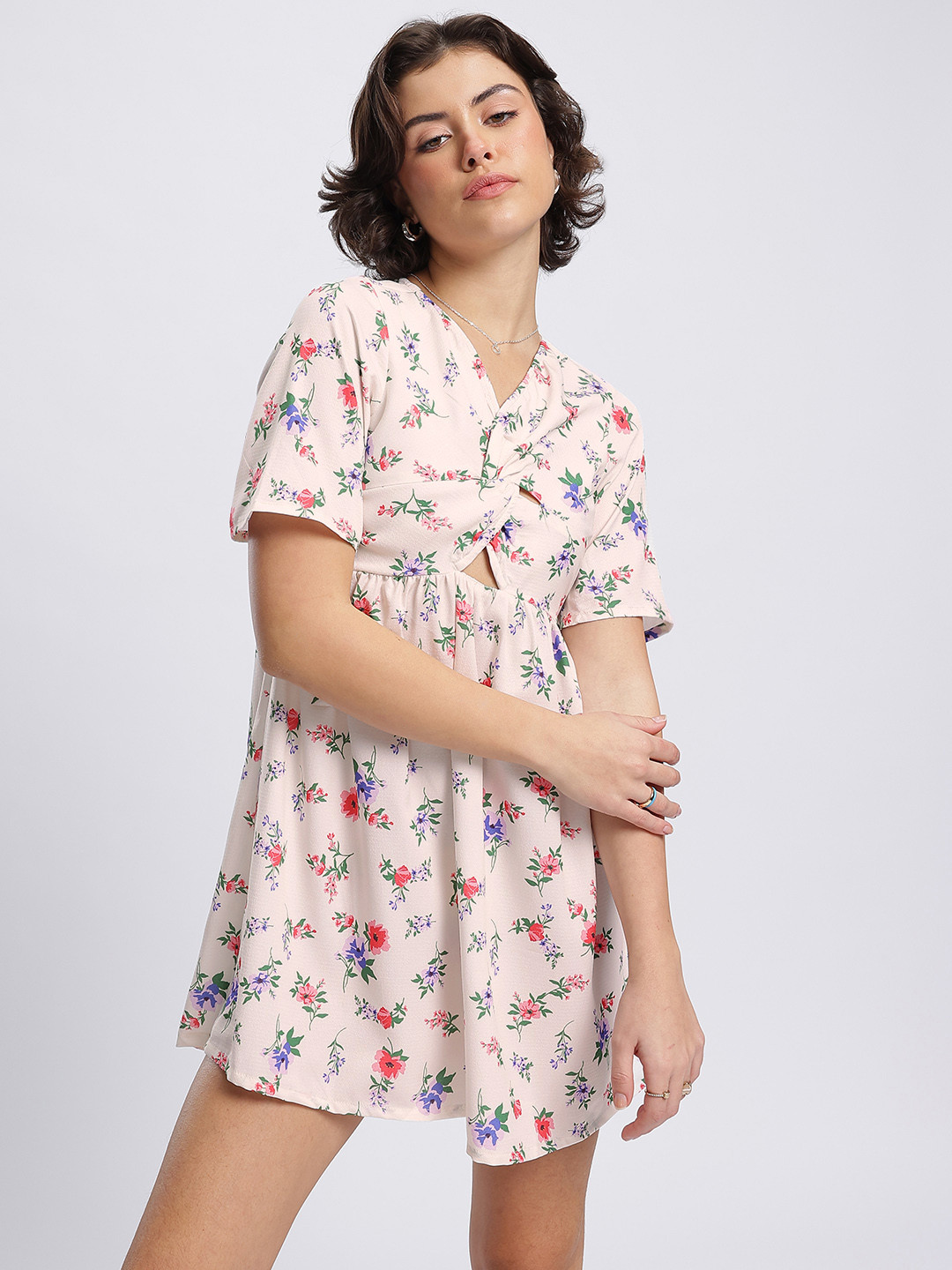 DressBerry Floral Print Twisted Cut-Out Detail Mini Sheath Dress