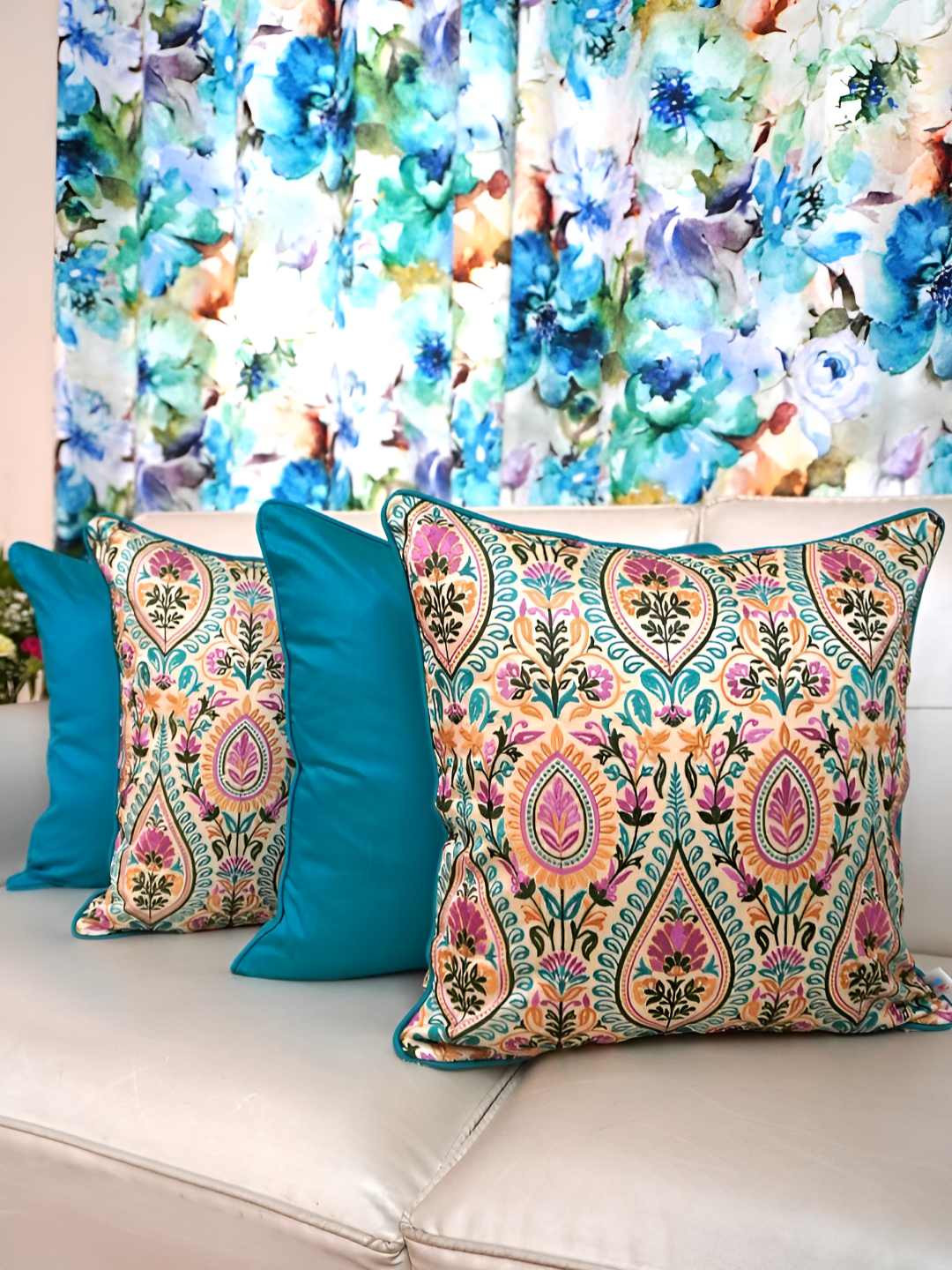 TARA- Sparkling Homes Blue & Pink 4 Pieces Embroidered Square Cushion Covers