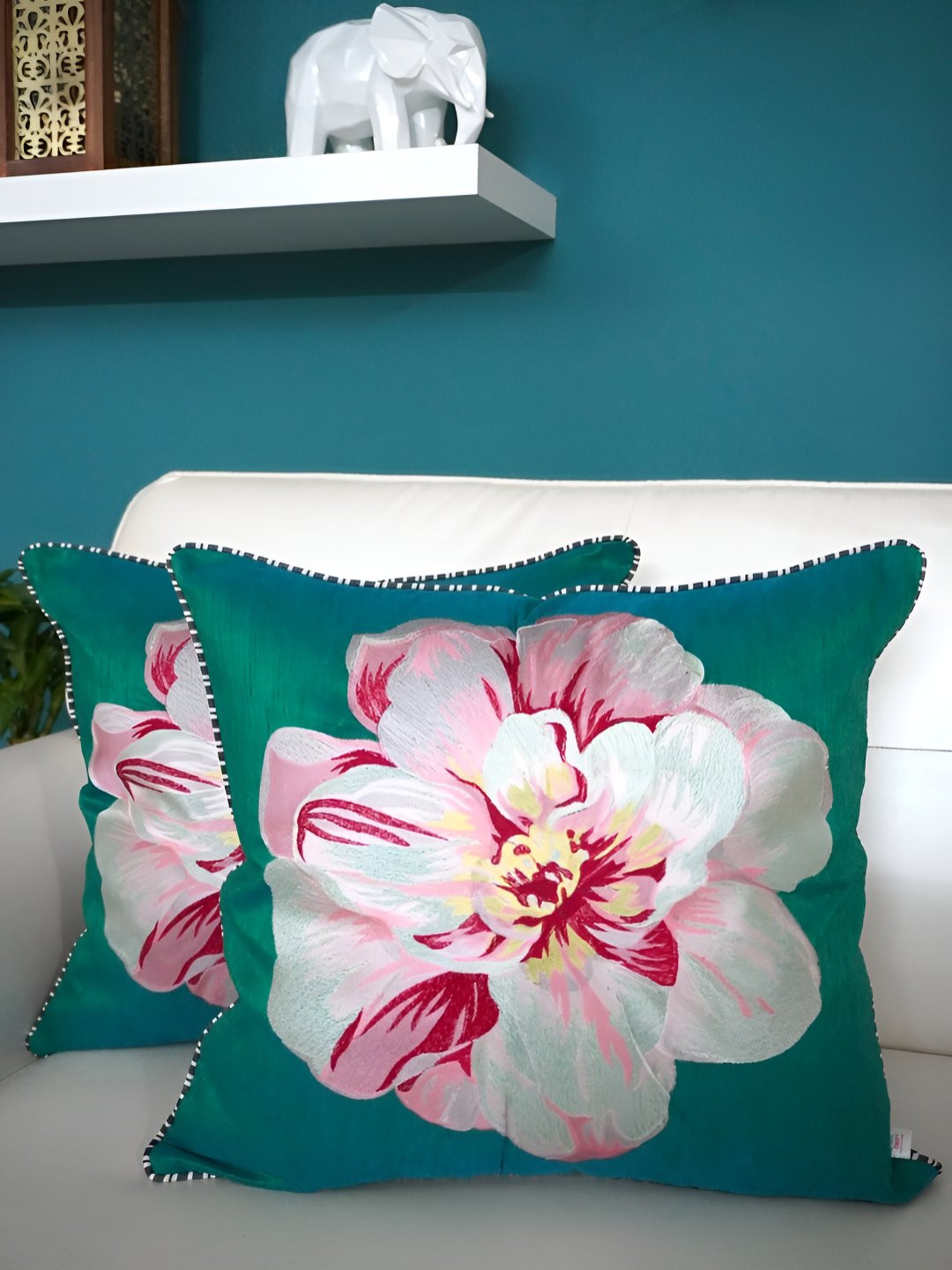 TARA- Sparkling Homes Sea Green & Pink 2 Pieces Embroidered Square Cushion Covers