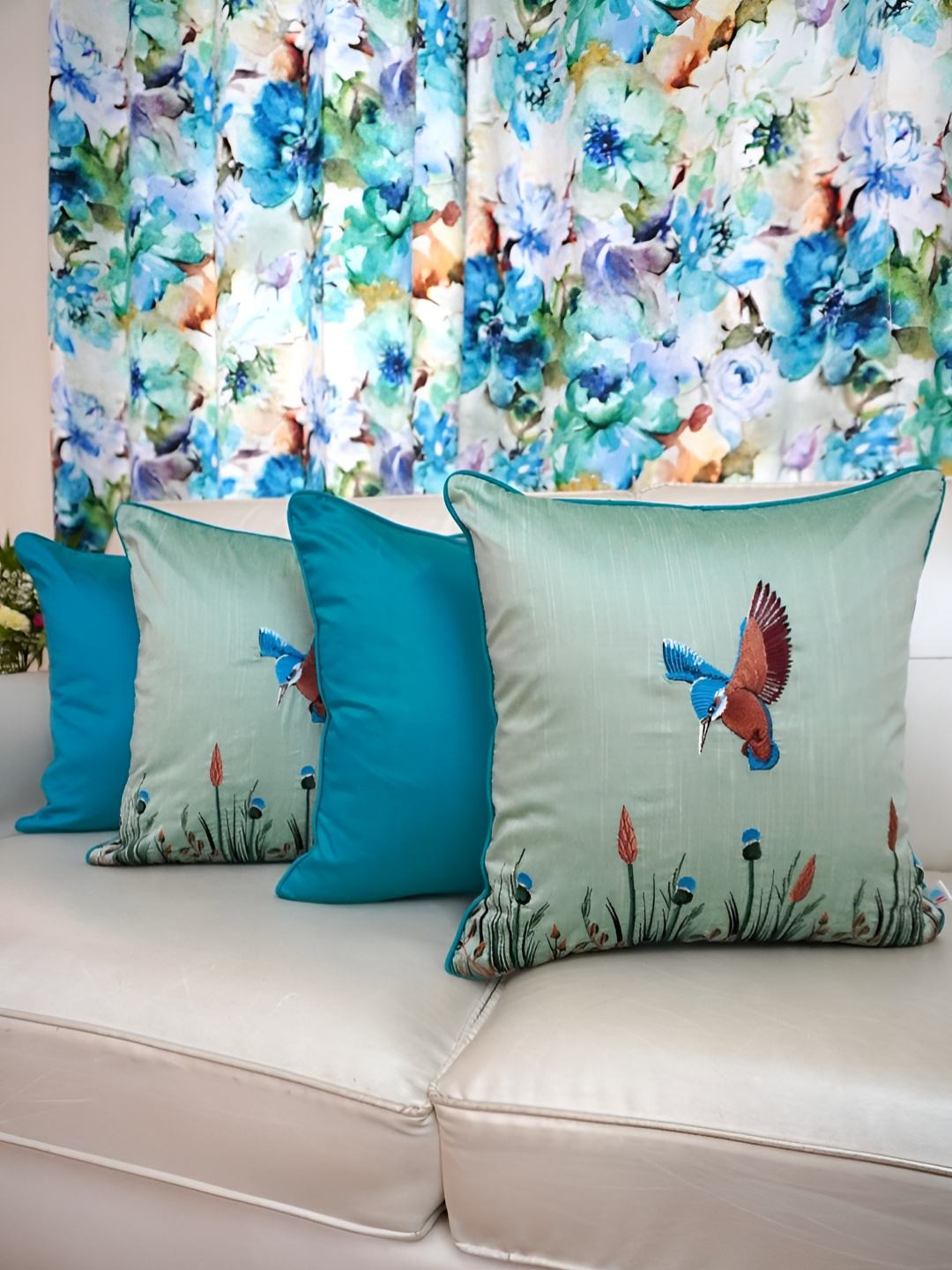 TARA- Sparkling Homes Cotton Anti-Wrinkle 4 Pcs Embroidered Square Cushion Covers -18x18In